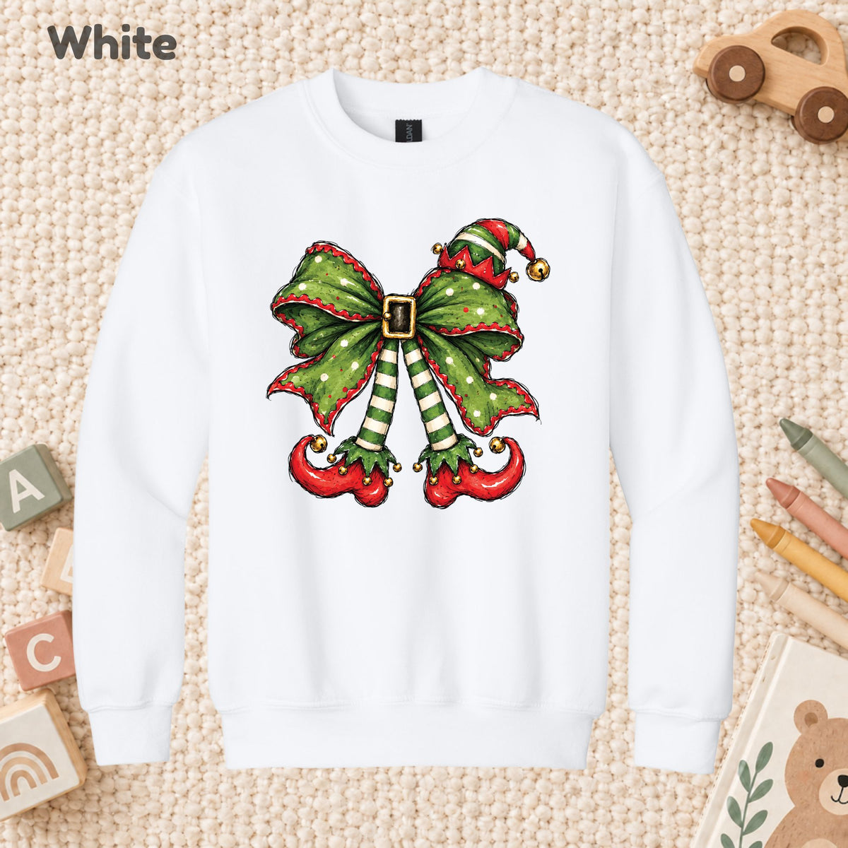 Christmas Elf T-Shirt, Green Bow Striped Legs Tee, Cute Holiday Sweatshirt