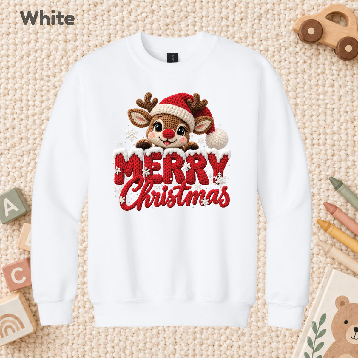Cute Reindeer Christmas T-Shirt, Santa Hat Knitted Lettering Tee, Cozy Holiday Sweatshirt