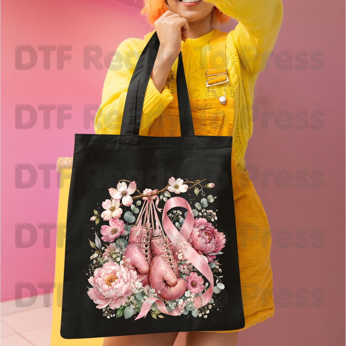 Pink Boxing Gloves Breast Cancer Awareness DTF Transfer Ready to Press Heat Transfer Floral Ribbon Tee