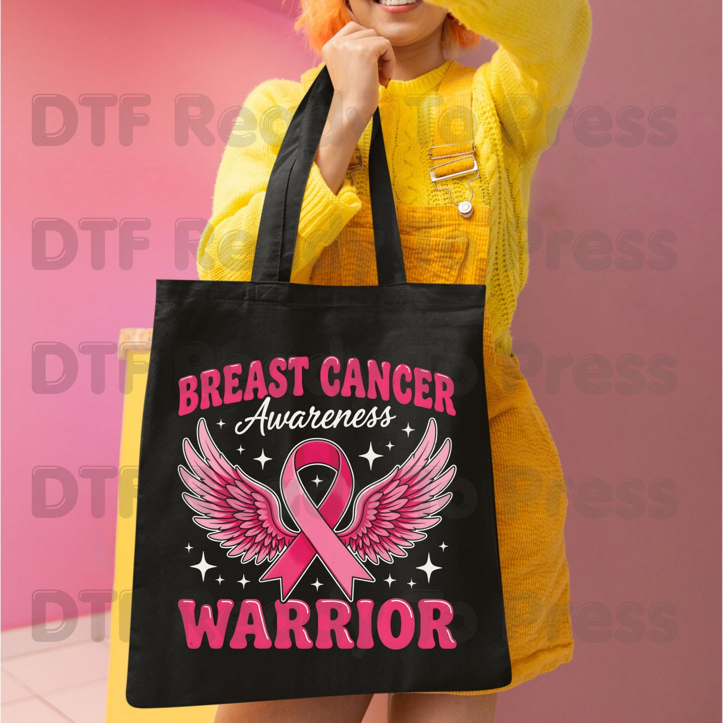 Breast Cancer Warrior DTF Transfer Ready to Press Heat Transfer Pink Ribbon Angel Wings Awareness Tee