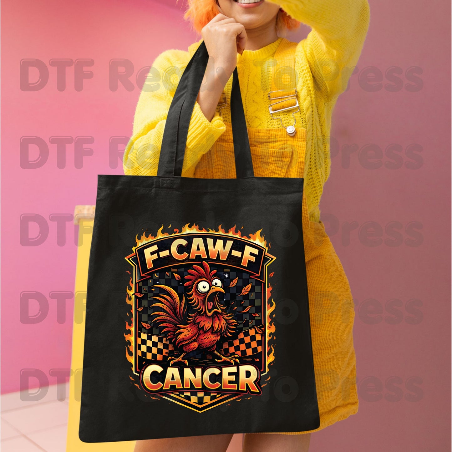 Funny Rooster DTF Transfer Ready to Press F Caw F Cancer Flaming Checkered Flag Heat Transfer Tee Print Direct to Film Transfer