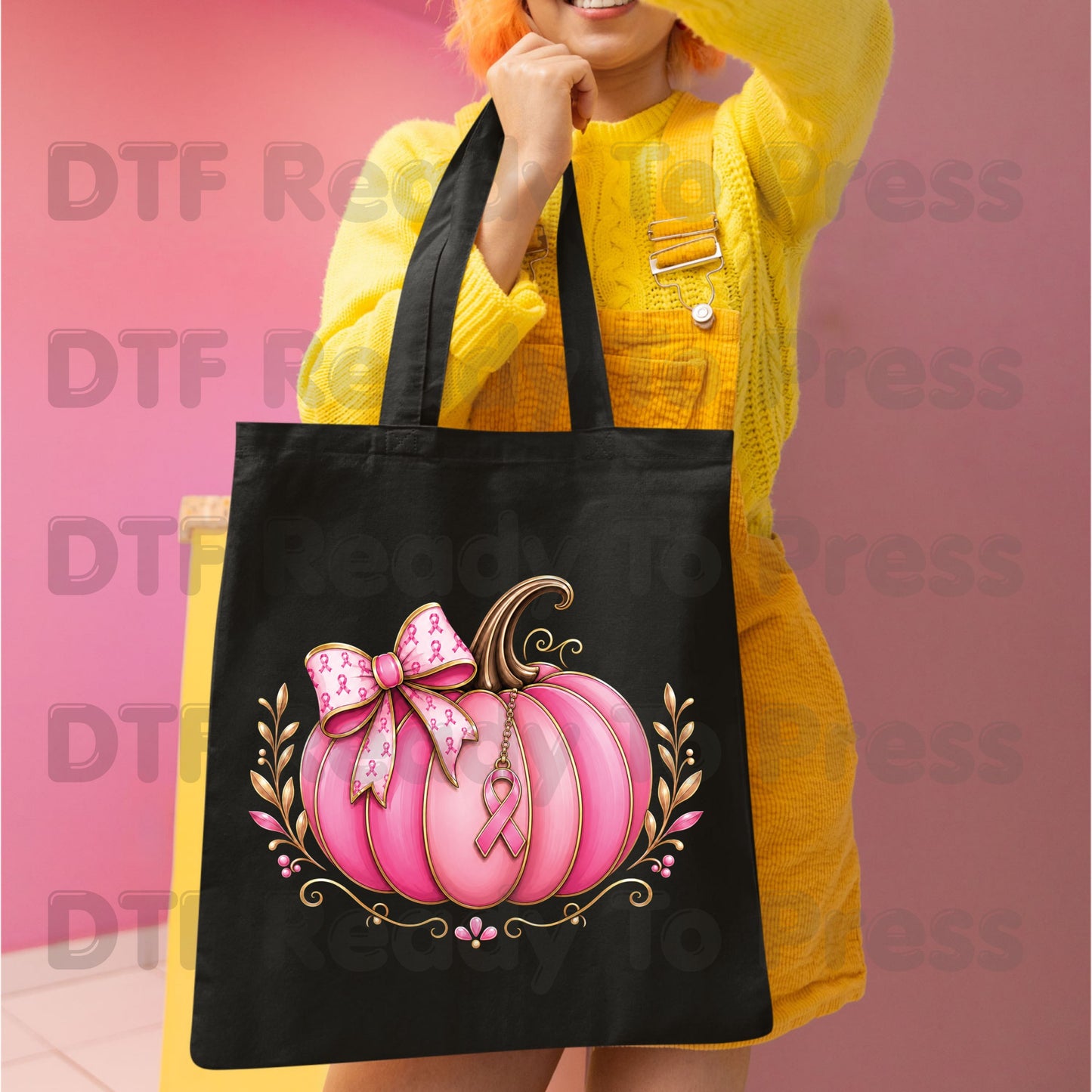 Breast Cancer DTF Transfer Ready to Press Pink Pumpkin Ribbon Bow Awareness Heat Transfer Tee Print Direct to Film Transfer