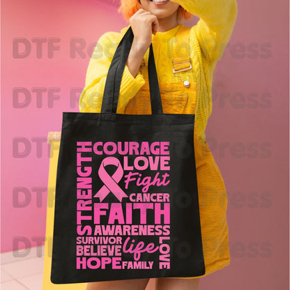 Courage Love Faith Breast Cancer Awareness DTF Transfer Ready to Press Heat Transfer Pink Ribbon Words Tee