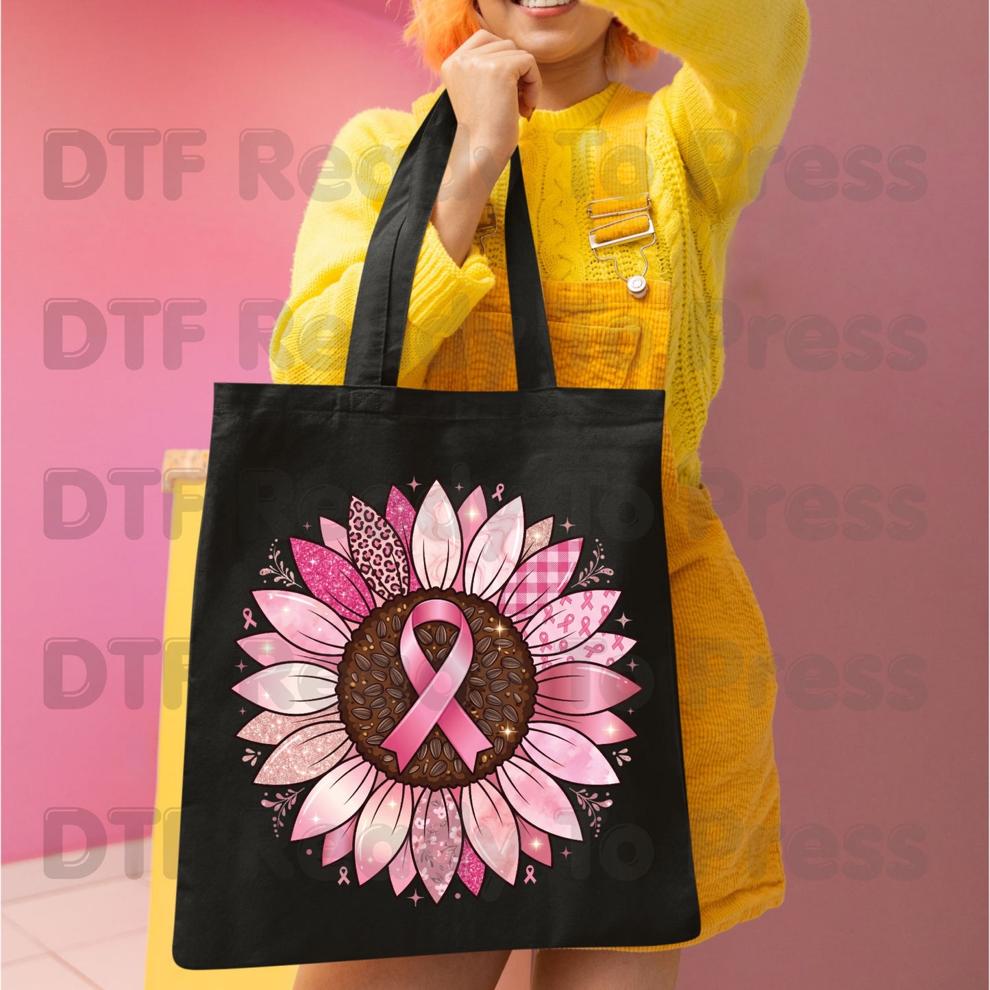 Pink Sunflower Breast Cancer Awareness DTF Transfer Ready to Press Heat Transfer Ribbon Tee