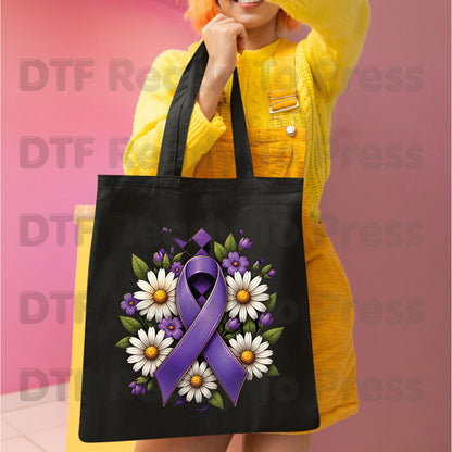 Purple Ribbon DTF Transfer Ready to Press Daisies Flowers Awareness Heat Transfer Tee Print Direct to Film Transfer