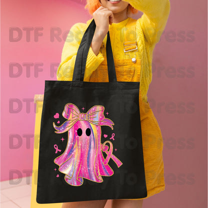 Glitter Pink Ghost Breast Cancer Awareness DTF Transfer Ready to Press Heat Transfer Bow Tee