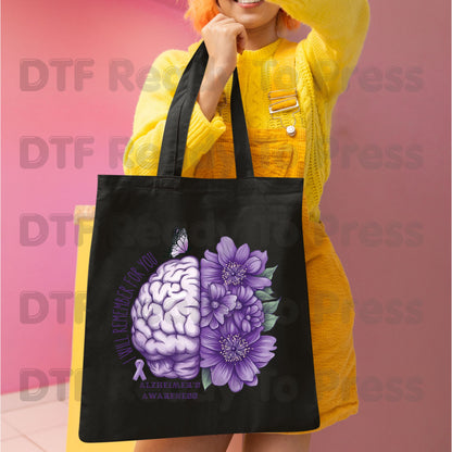 Alzheimers Awareness DTF Transfer Ready to Press I Will Remember For You Brain Purple Flowers Heat Transfer Tee Direct to Film