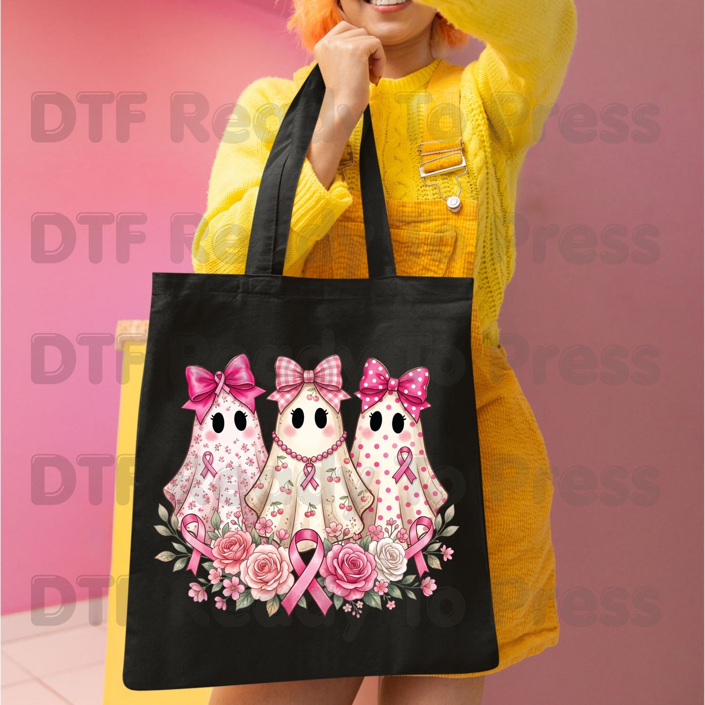 Pink Ghost Boo Crew Breast Cancer Awareness DTF Transfer Ready to Press Heat Transfer Floral Ribbon Tee