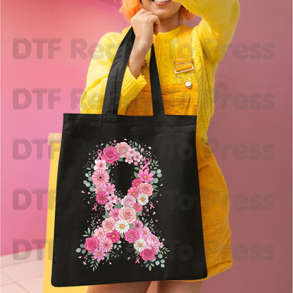 Floral Pink Ribbon Breast Cancer Awareness DTF Transfer Ready to Press Heat Transfer Survivor Tee
