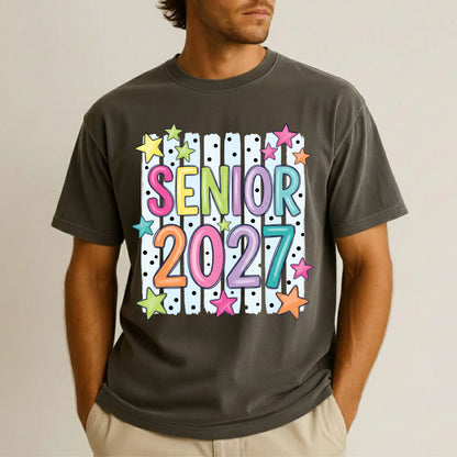 Senior 2027 DTF Transfer Ready to Press Graduation Heat Transfer for Shirts Colorful Pastels Bubble Letters Stars Stripes Tee