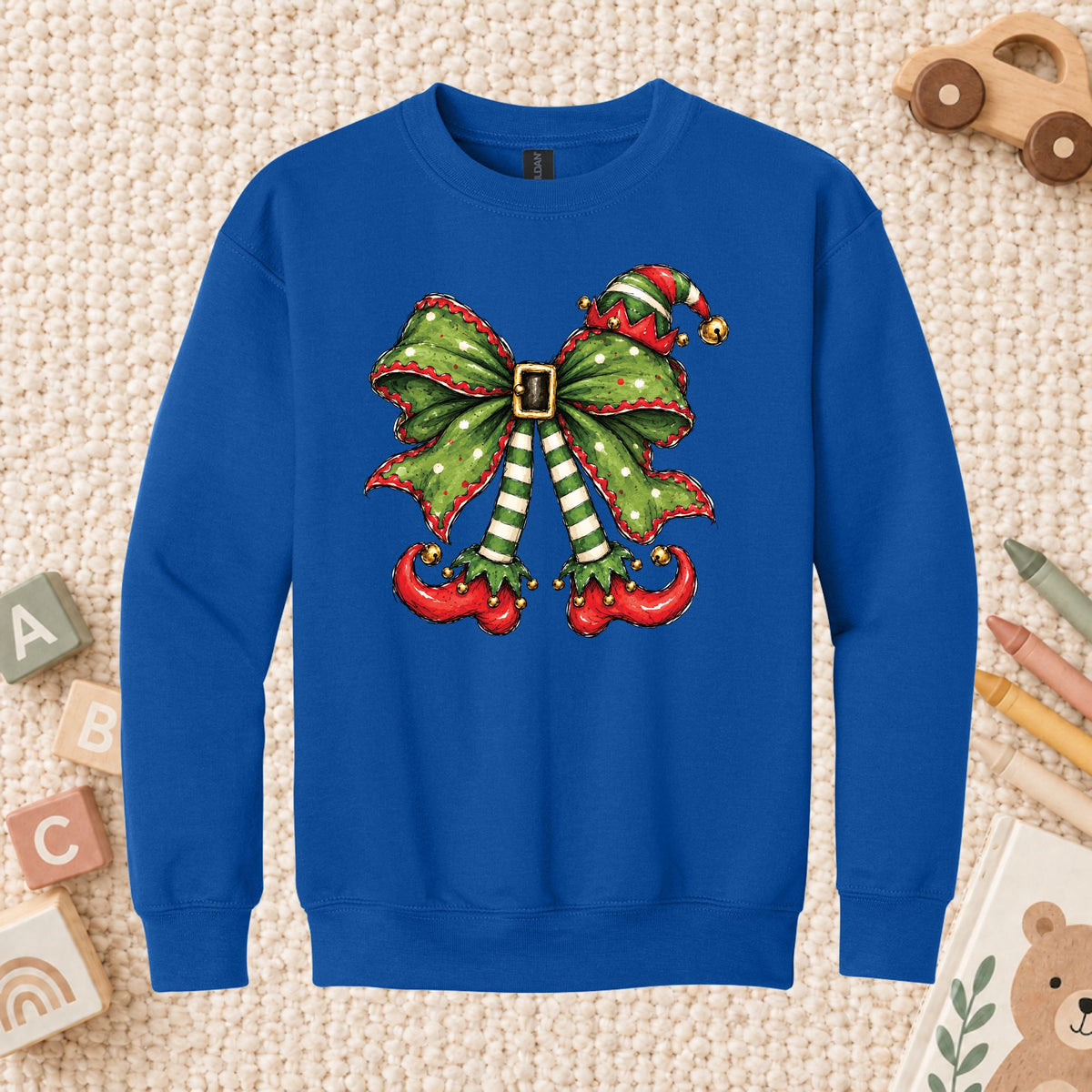 Christmas Elf T-Shirt, Green Bow Striped Legs Tee, Cute Holiday Sweatshirt