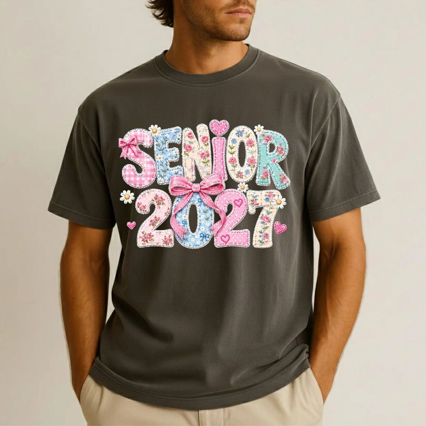 Senior 2027 DTF Transfer Ready to Press Graduation Heat Transfer for Shirts Floral Patchwork Quilted Pink Bow Coquette Graphic Tee