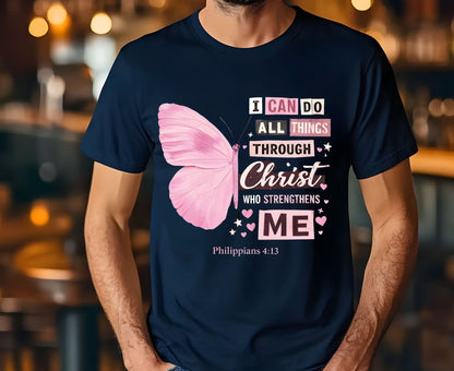 Philippians 4:13 T Shirt Pink Butterfly Tee I Can Do All Things Through Christ Shirt Religious Faith Gift Adult Youth Toddler Baby Church Outfit