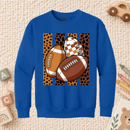 Leopard Football Game Day T-Shirt, Brown Checkered Football Season Tee for Youth