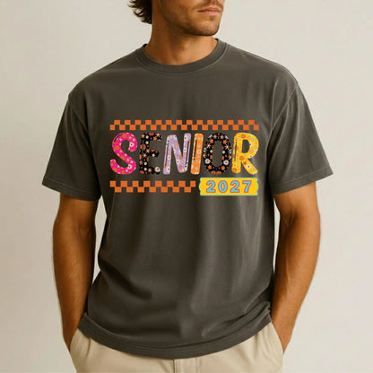 Senior 2027 DTF Transfer Ready to Press Graduation Heat Transfer for Shirts Groovy Retro Daisy Flowers Orange Checkerboard Tee