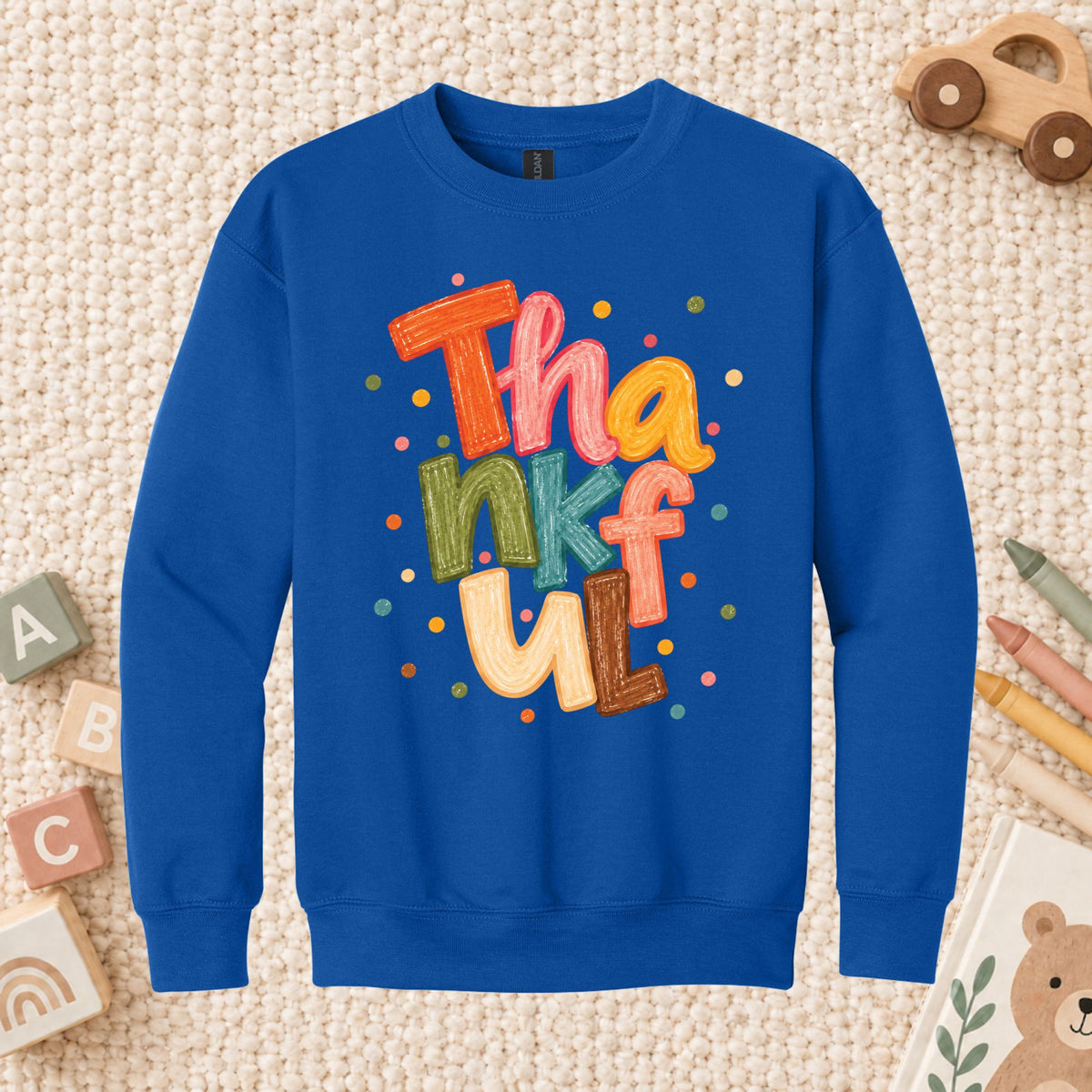 Thankful T-Shirt, Colorful Crayon Lettering Thanksgiving Tee, Fall Holiday Sweatshirt