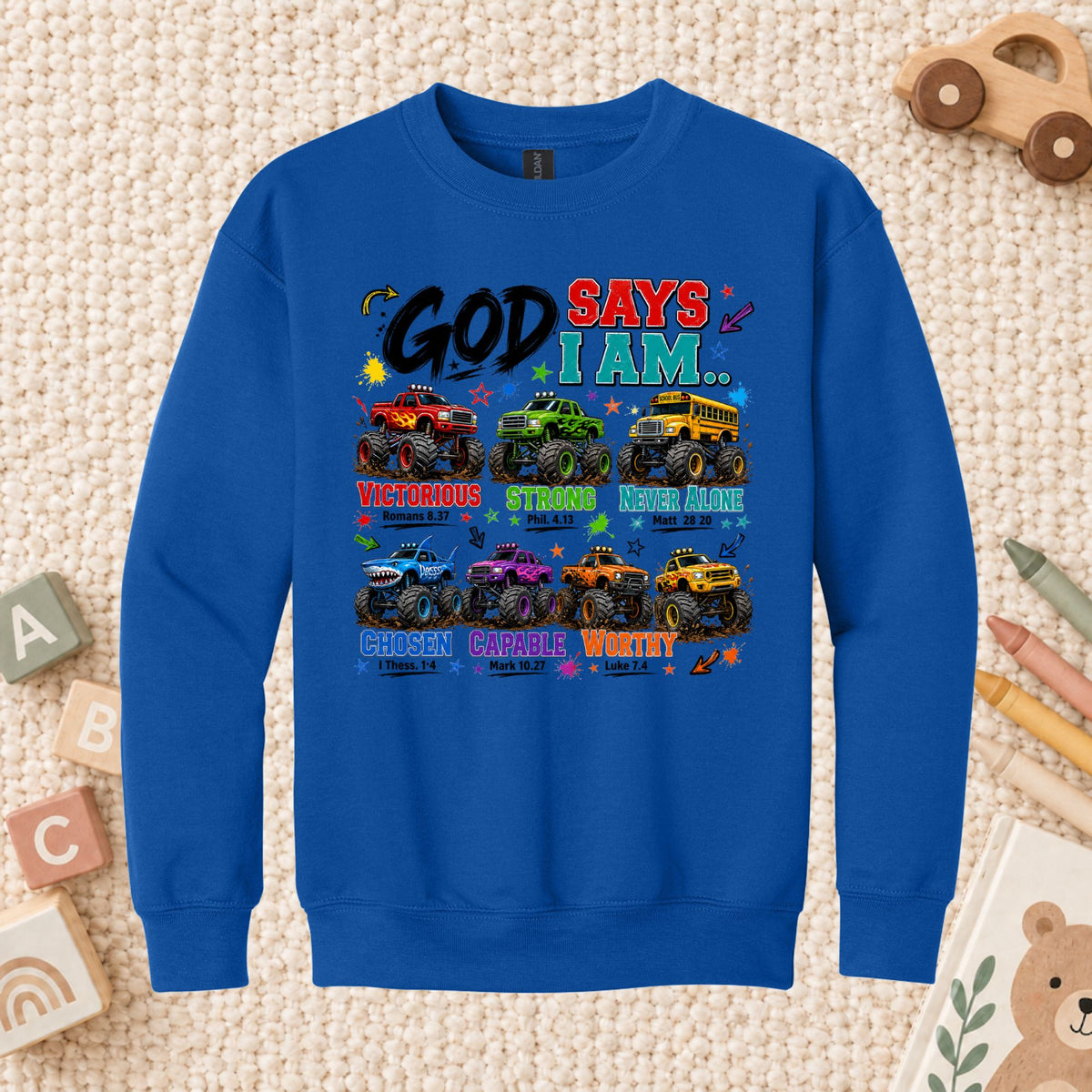 God Says I Am Monster Trucks Christian T-Shirt, Bible Verse Kids Religious Graphic Tee