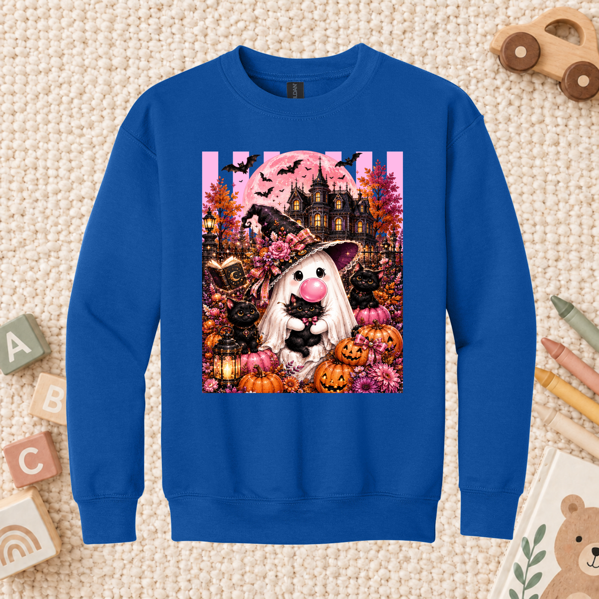 Pink Ghost Halloween T-Shirt, Witch Ghost Bubble Gum Black Cat Spooky Cute Tee for Toddler and Kids