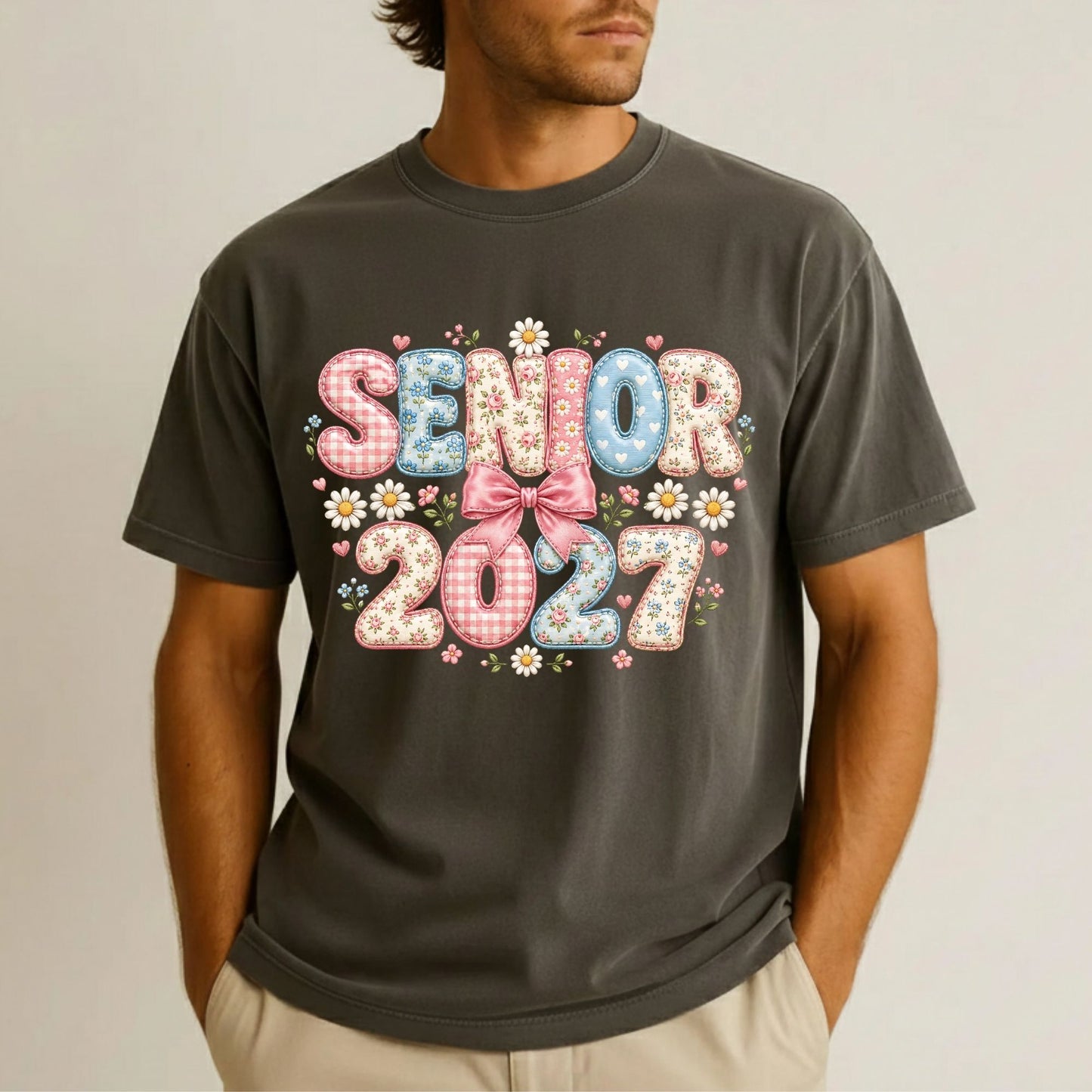 Senior 2027 DTF Transfer Ready to Press Graduation Heat Transfer for Shirts Floral Patchwork Quilted Pink Bow Daisies Graphic Tee