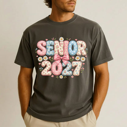 Senior 2027 DTF Transfer Ready to Press Graduation Heat Transfer for Shirts Floral Patchwork Quilted Pink Bow Daisies Graphic Tee