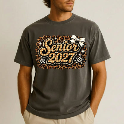 Senior 2027 DTF Transfer Ready to Press Graduation Heat Transfer for Shirts Brown Plaid Leopard Pearl Bow Stars Graphic Tee