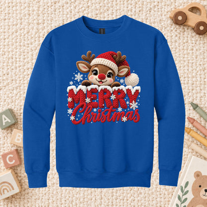 Cute Reindeer Christmas T-Shirt, Santa Hat Knitted Lettering Tee, Cozy Holiday Sweatshirt