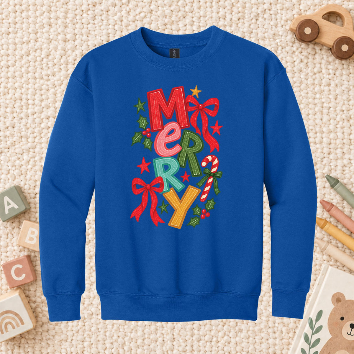 Merry Christmas T-Shirt, Colorful Lettering Red Bow Tee, Candy Cane Holiday Sweatshirt