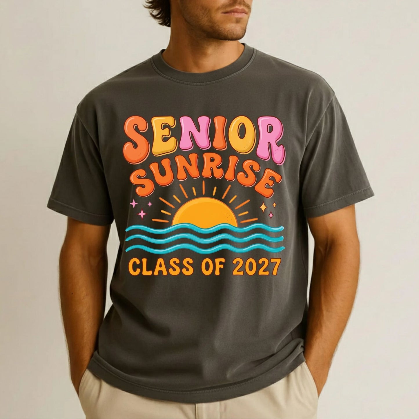 Senior Sunrise Class of 2027 DTF Transfer Ready to Press Graduation Heat Transfer for Shirts Retro Sun Waves Bubble Font Tee
