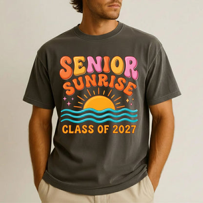 Senior Sunrise Class of 2027 DTF Transfer Ready to Press Graduation Heat Transfer for Shirts Retro Sun Waves Bubble Font Tee