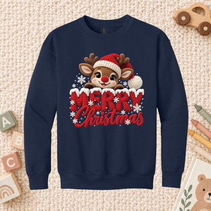Cute Reindeer Christmas T-Shirt, Santa Hat Knitted Lettering Tee, Cozy Holiday Sweatshirt