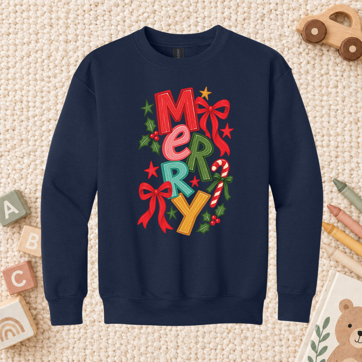 Merry Christmas T-Shirt, Colorful Lettering Red Bow Tee, Candy Cane Holiday Sweatshirt