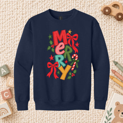 Merry Christmas T-Shirt, Colorful Lettering Red Bow Tee, Candy Cane Holiday Sweatshirt
