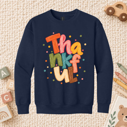 Thankful T-Shirt, Colorful Crayon Lettering Thanksgiving Tee, Fall Holiday Sweatshirt