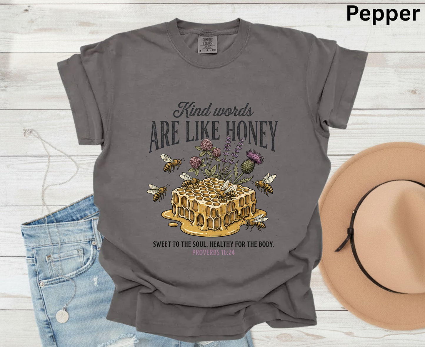 Kind Words Are Like Honey T Shirt Proverbs 16:24 Tee Christian Bee Honeycomb Shirt Religious Faith Gift Adult Youth Toddler Baby Apparel