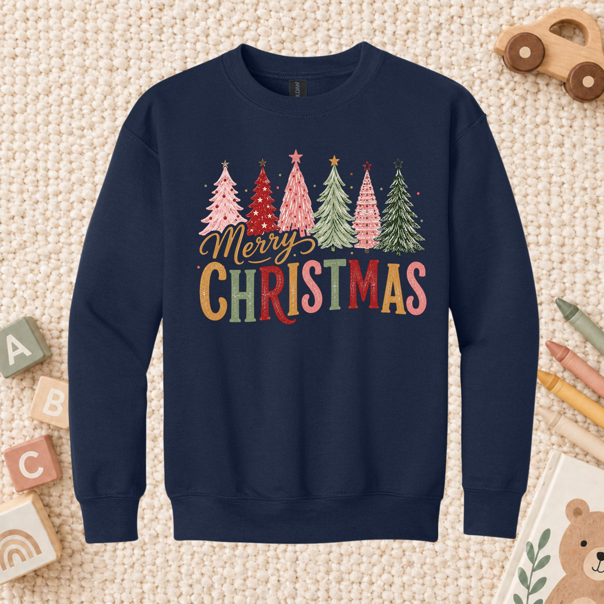 Colorful Christmas Tree T-Shirt, Gold Script Holiday Tee, Festive Christmas Sweatshirt