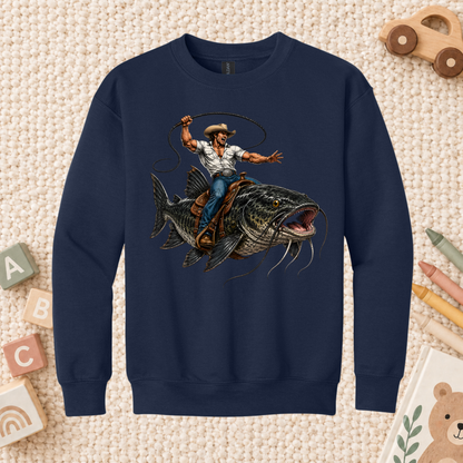 Cowboy Riding Catfish T-Shirt, Funny Fishing Rodeo Southern Graphic Tee for Toddler and Kids