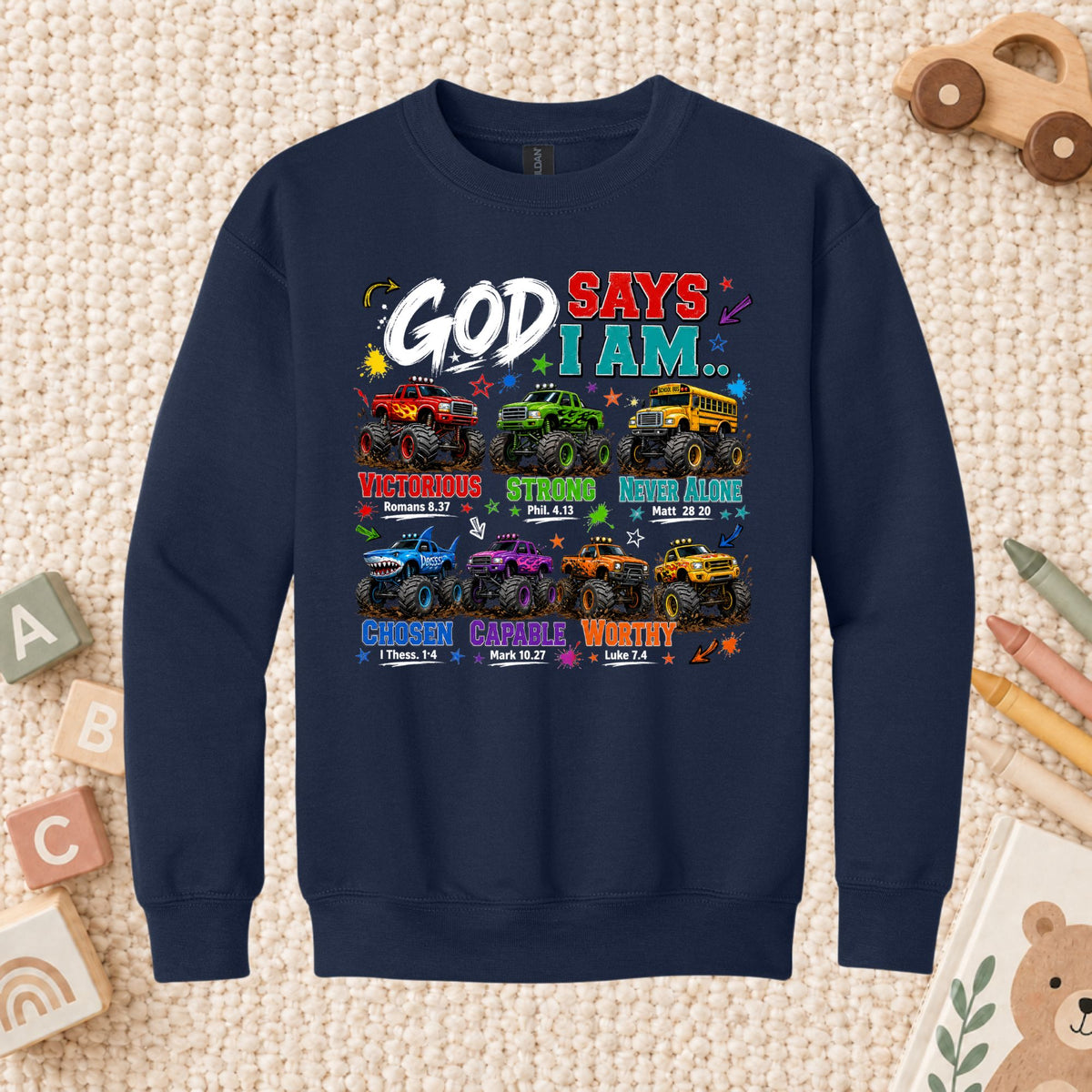 God Says I Am Monster Trucks Christian T-Shirt, Bible Verse Kids Religious Graphic Tee