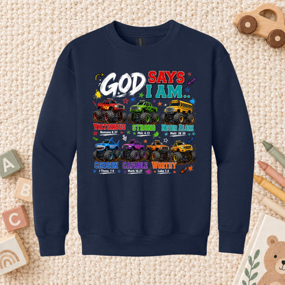 God Says I Am Monster Trucks Christian T-Shirt, Bible Verse Kids Religious Graphic Tee