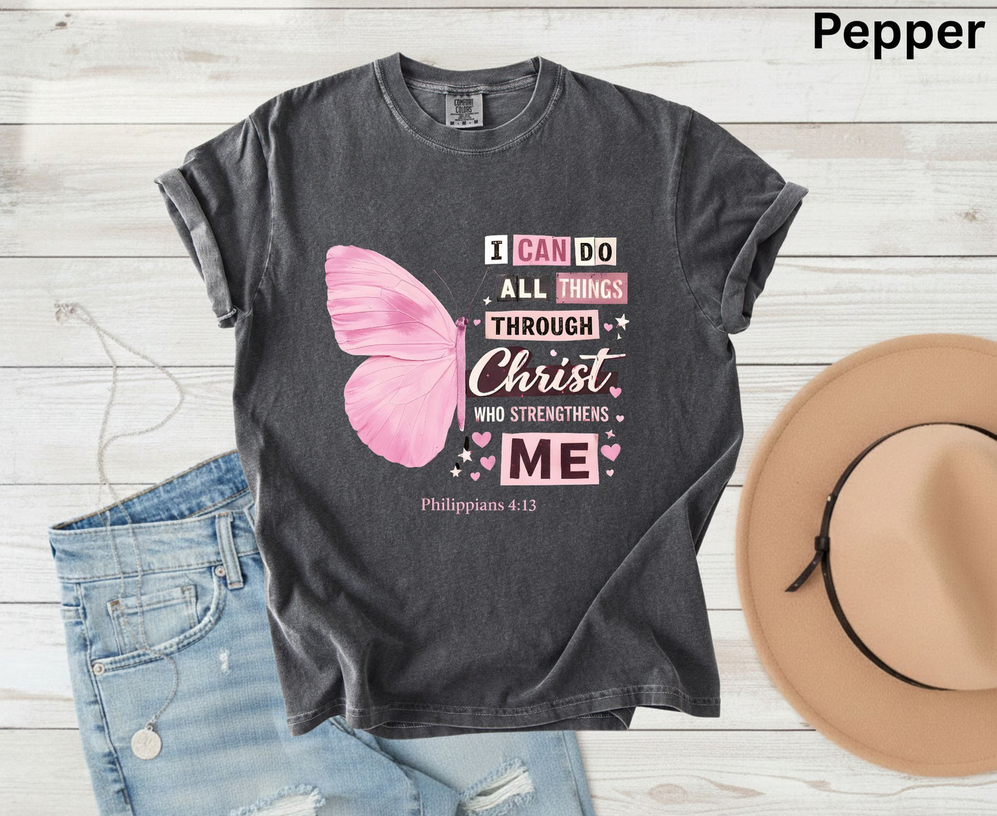 Philippians 4:13 T Shirt Pink Butterfly Tee I Can Do All Things Through Christ Shirt Religious Faith Gift Adult Youth Toddler Baby Church Outfit