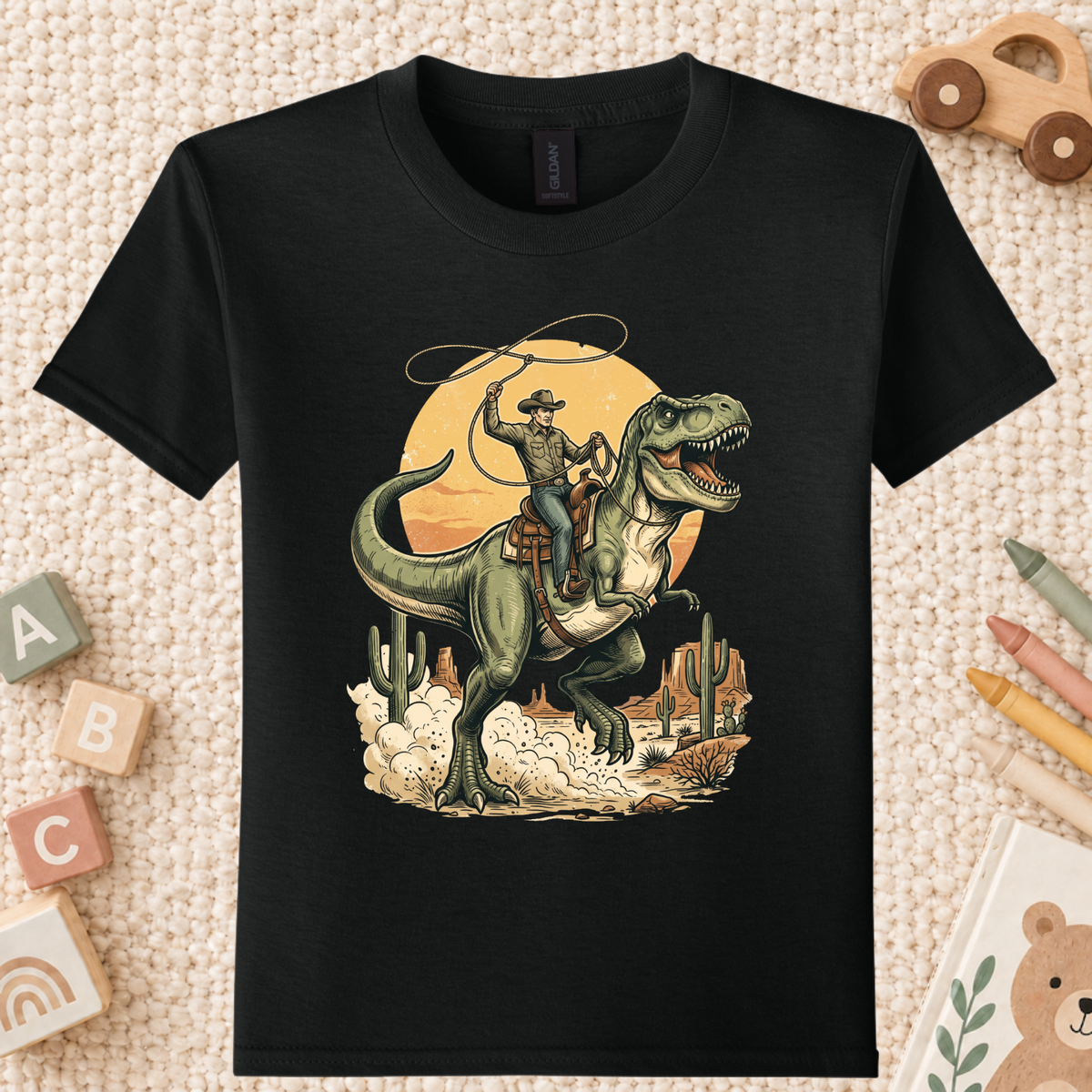 Cowboy Riding T-Rex Western T-Shirt, Rodeo Dinosaur Desert Cactus Tee for Toddler and Kids