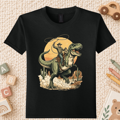 Cowboy Riding T-Rex Western T-Shirt, Rodeo Dinosaur Desert Cactus Tee for Toddler and Kids