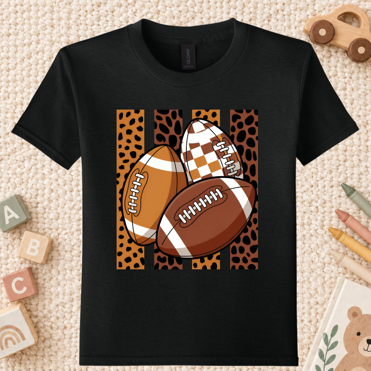 Leopard Football Game Day T-Shirt, Brown Checkered Football Season Tee for Youth