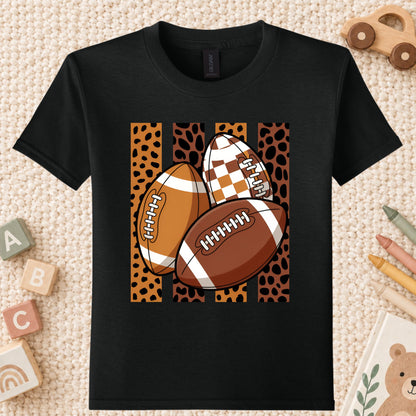 Leopard Football Game Day T-Shirt, Brown Checkered Football Season Tee for Youth
