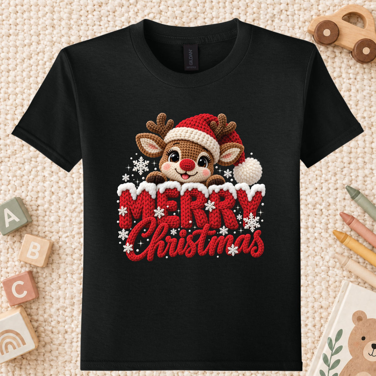 Cute Reindeer Christmas T-Shirt, Santa Hat Knitted Lettering Tee, Cozy Holiday Sweatshirt