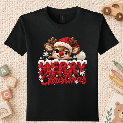 Cute Reindeer Christmas T-Shirt, Santa Hat Knitted Lettering Tee, Cozy Holiday Sweatshirt