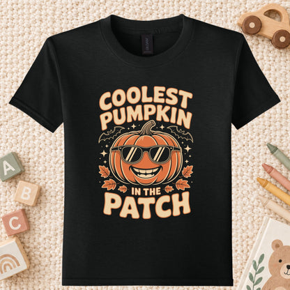 Coolest Pumpkin in the Patch T-Shirt, Retro Halloween Sunglasses Fall Season Tee for Toddler and Kids
