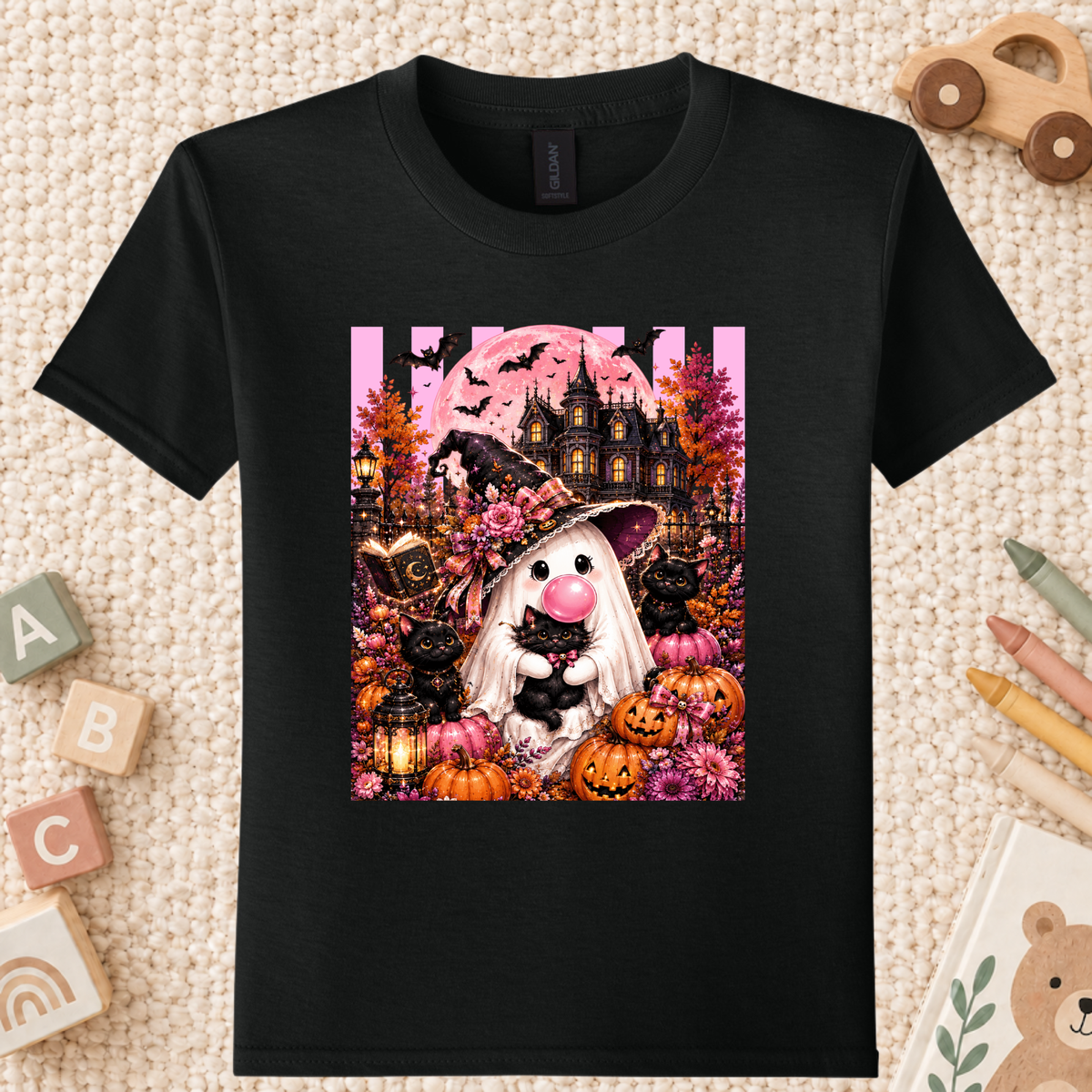 Pink Ghost Halloween T-Shirt, Witch Ghost Bubble Gum Black Cat Spooky Cute Tee for Toddler and Kids