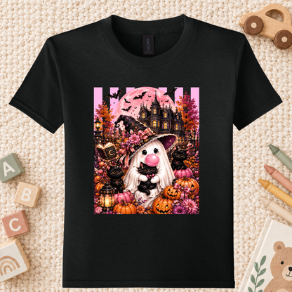 Pink Ghost Halloween T-Shirt, Witch Ghost Bubble Gum Black Cat Spooky Cute Tee for Toddler and Kids