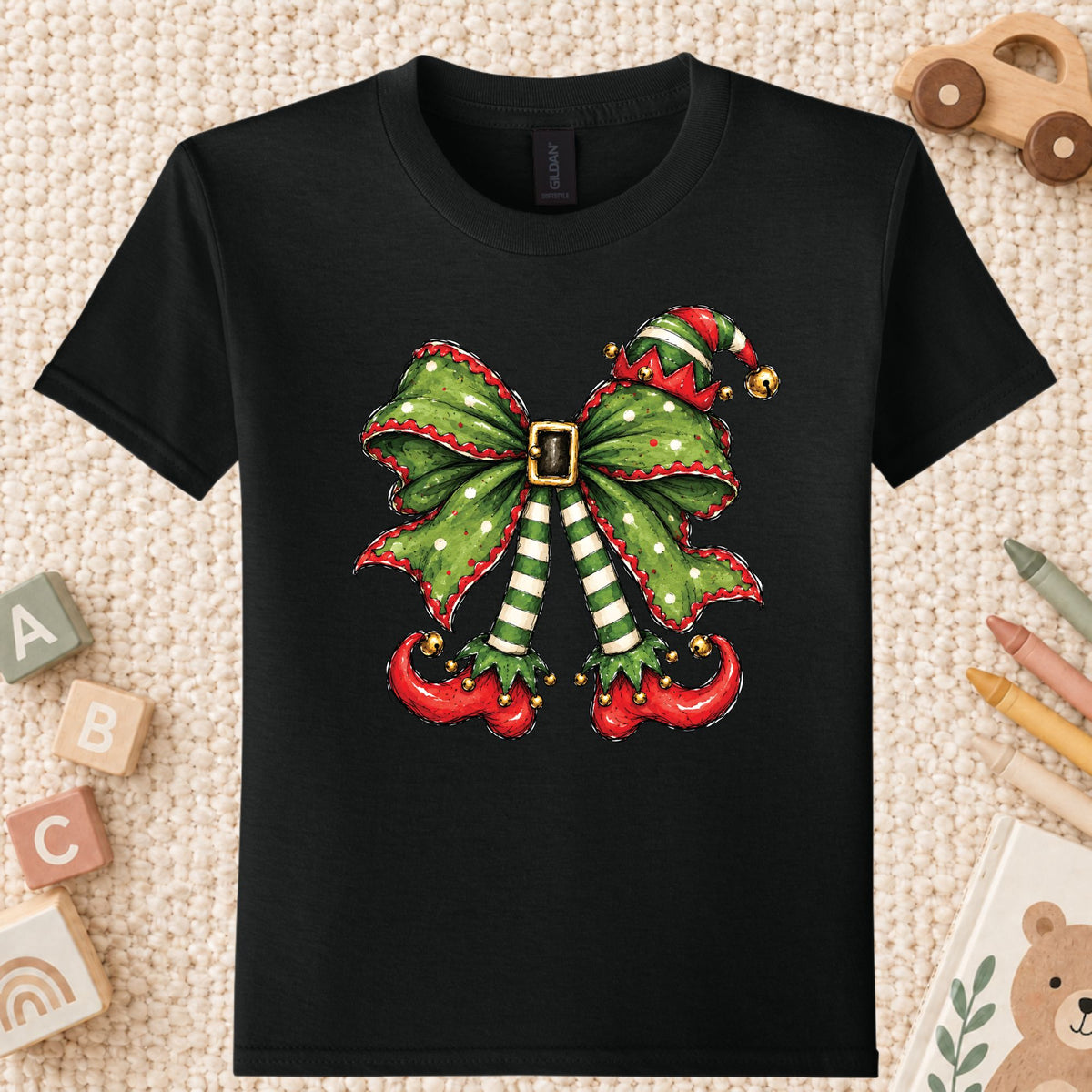 Christmas Elf T-Shirt, Green Bow Striped Legs Tee, Cute Holiday Sweatshirt