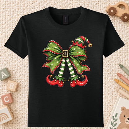 Christmas Elf T-Shirt, Green Bow Striped Legs Tee, Cute Holiday Sweatshirt